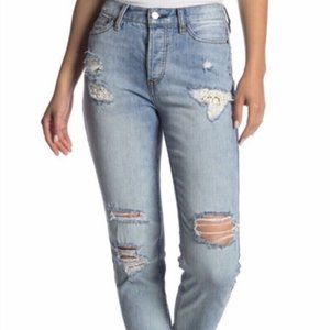 Free People Size 27 Lacey Stilt Distressed‎ Jeans Crochet Button Fly Light Wash